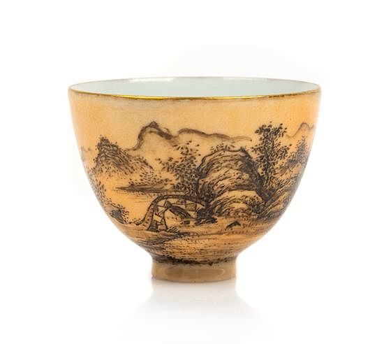 Appraisal: An Apricot Yellow Ground Grisaille Porcelain Wine Cup Diameter inches