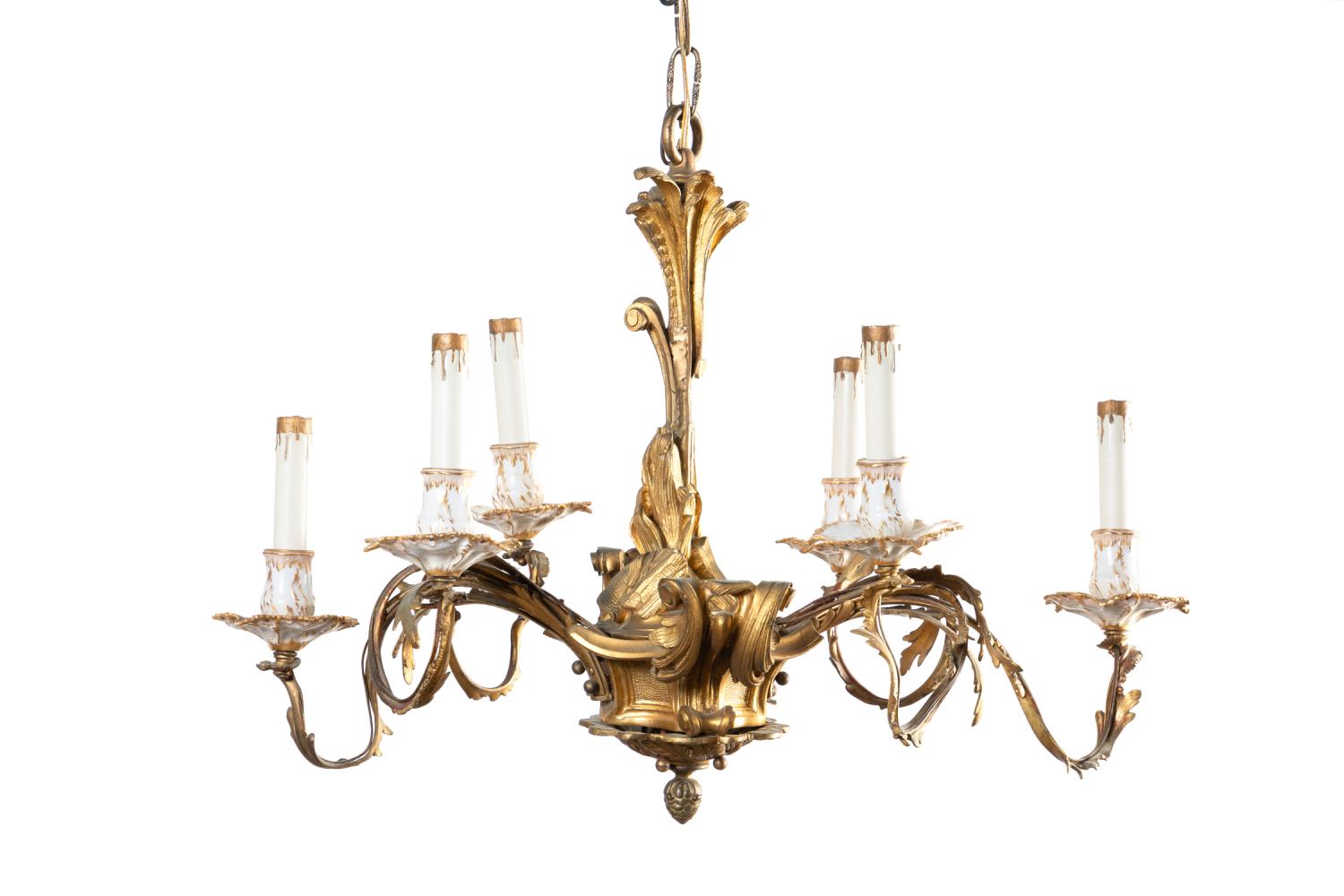 Appraisal: ROCOCO-STYLE BRONZE PORCELAIN -LIGHT CHANDELIER Continental th century gilt bronze