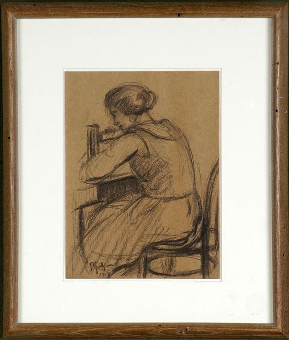 Appraisal: Julius Bloch American - Woman Sewing Chalk drawing signed and