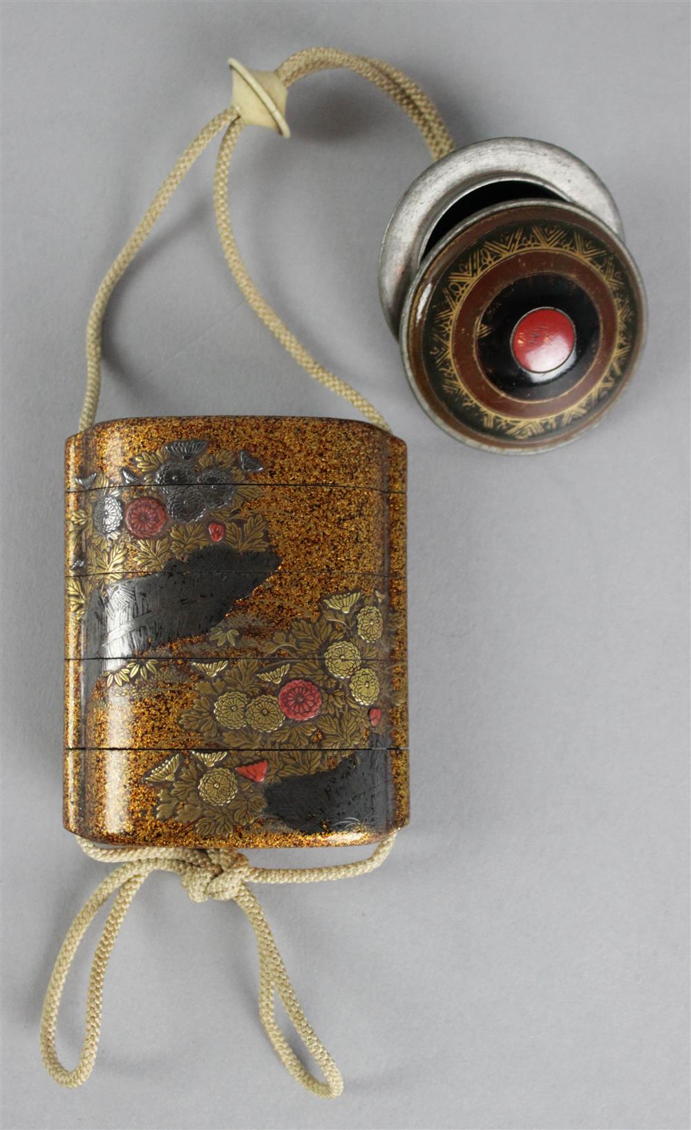 Appraisal: JAPANESE FOUR-CASE LACQUER INRO WITH OJIME AND NETSUKE SIGNED EDO