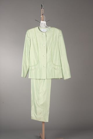 Appraisal: Andr Laug mint green cashmere silk slacks suit with needlepoint