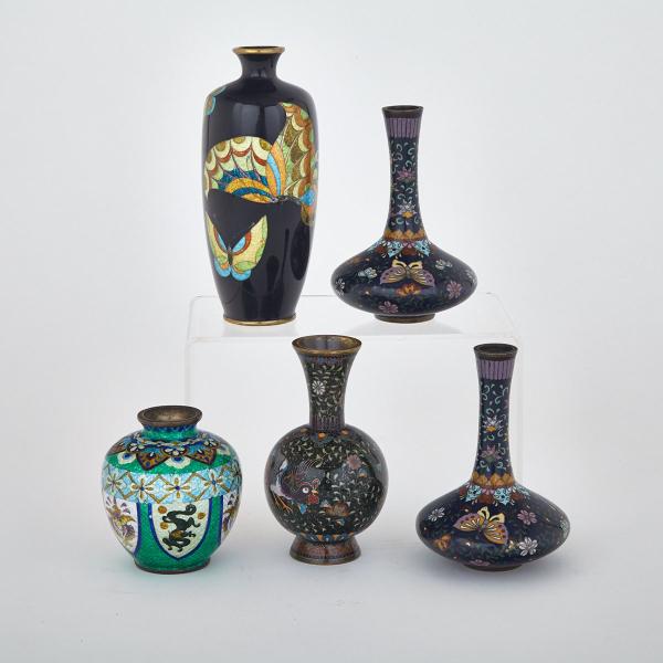 Appraisal: Five Cloisonn Enamel Vessels China th Century Butterflies and floral