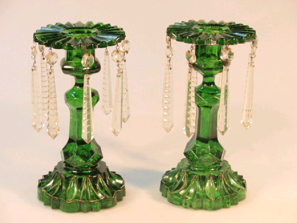 Appraisal: A pair of Victorian green glass lustres cm