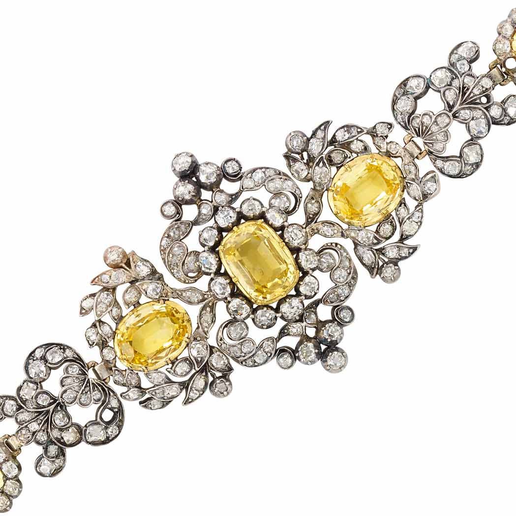 Appraisal: Antique Silver Gold Yellow Sapphire and Diamond Bracelet cushion-shaped oval