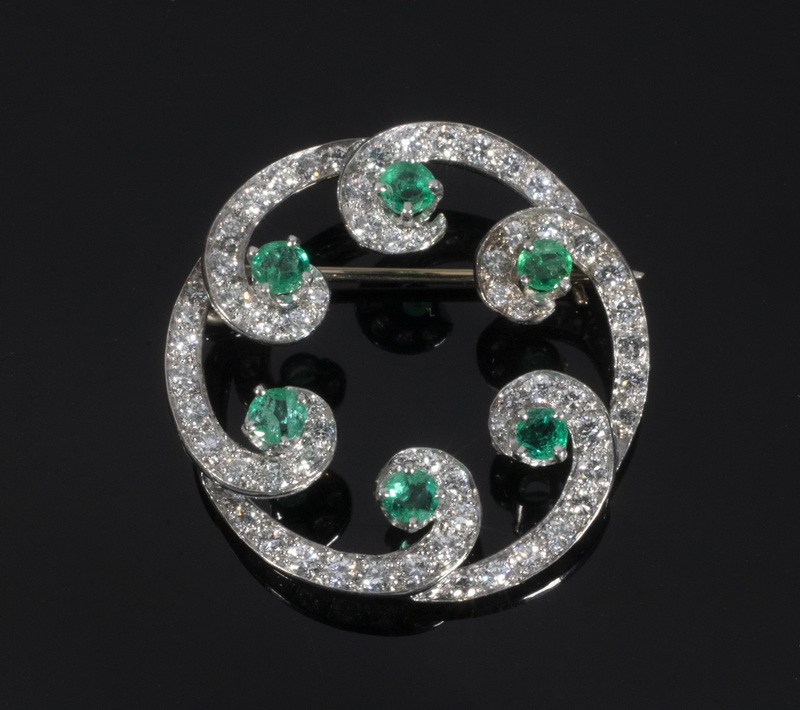 Appraisal: VINTAGE DIAMOND AND EMERALD BROOCH Handmade K White Gold Diamond