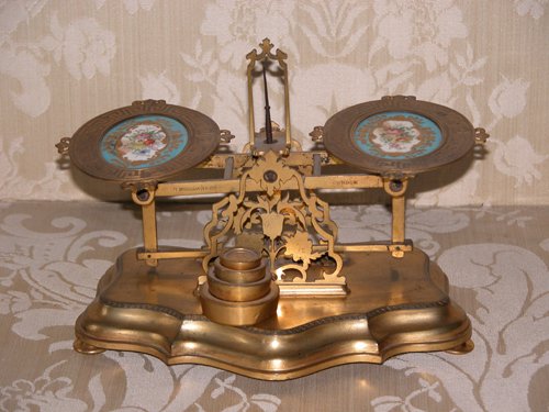 Appraisal: Title Ormolu and porcelain postage scale Medium ormolu and porcelain