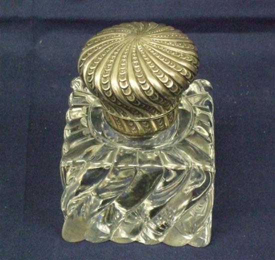 Appraisal: White metal mounted glass inkwell with domed hinged cover late