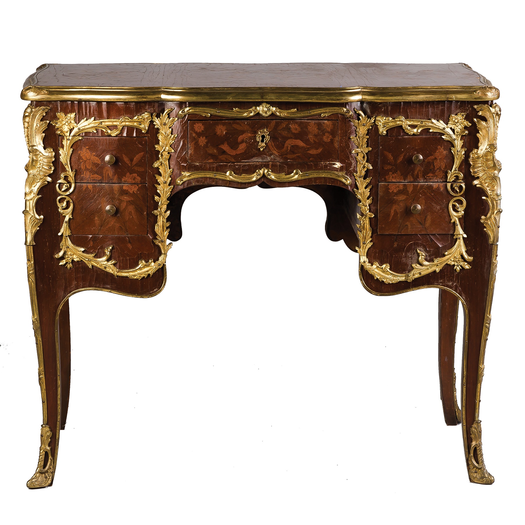 Appraisal: French Style Marquetry Ladies Desk th century Bronze mounted