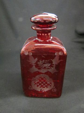 Appraisal: Bohemian Ruby Cut to Clear Decanter castle stag design excellent