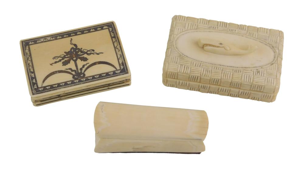 Appraisal: Three bone ivory boxes one with whale relief on lid