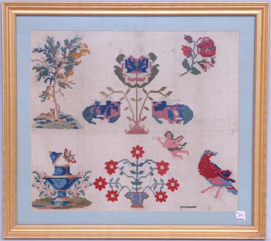 Appraisal: TH C NEEDLEWOORK SAMPLER Depicting flowers cherubs and birds