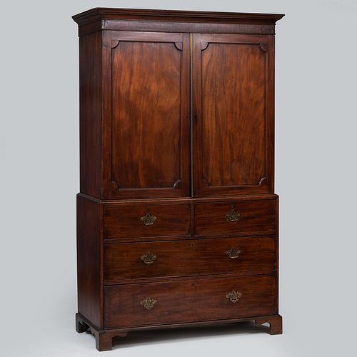 Appraisal: GEORGE III MAHOGANY LINEN PRESSIn three parts ft in x