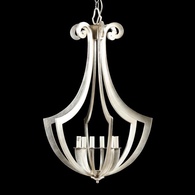 Appraisal: CONTEMPORARY SILVERED CHANDELIER Late th century six light form linear