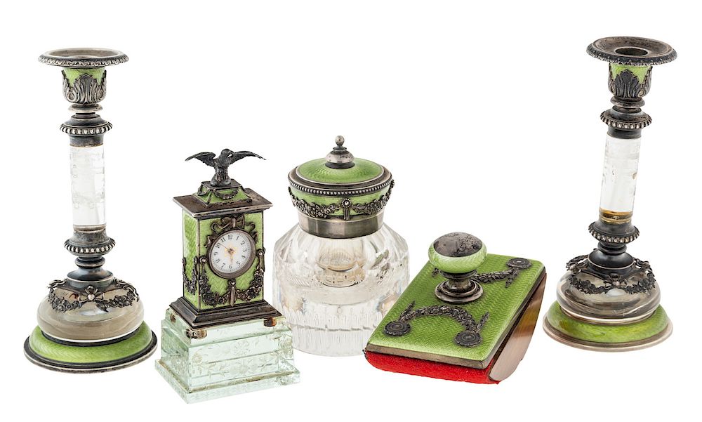 Appraisal: A RUSSIAN-IMPORTED AUSTRIAN SILVER CRYSTAL AND GUILLOCHE ENAMEL FIVE-PIECE DESK