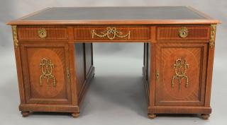 Appraisal: French style leather top partner's desk with inlaid and parquetry