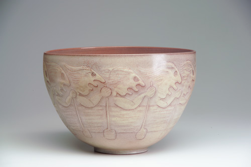 Appraisal: SCHEIER Large bowl decorated in wax-resist with rowers in ivory