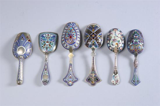 Appraisal: SIX RUSSIAN SILVER-GILT AND ENAMEL SHOVEL-BOWL TEA CADDY SPOONS th-early