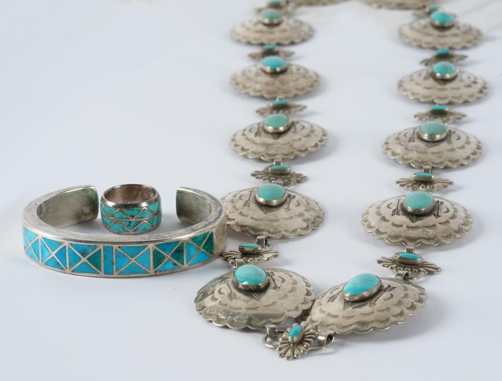 Appraisal: LOT OF STERLING TURQUOISE JEWELRYconsisting of a silver belt composed