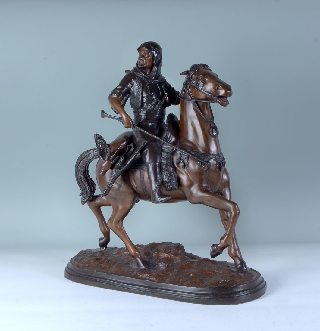 Appraisal: CONTEMPORARY BRONZE ARAB HUNTER SCULPTURE ''Depicts Arab Hunter on Horseback