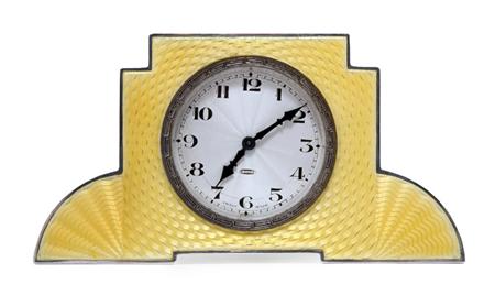 Appraisal: English Yellow Guilloche Enamelled Silver Travel Clock Estimate -