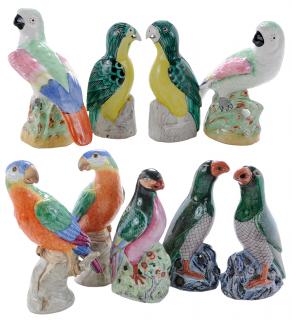 Appraisal: Group Nine Ceramic Parrots German Chinese th century including KPM