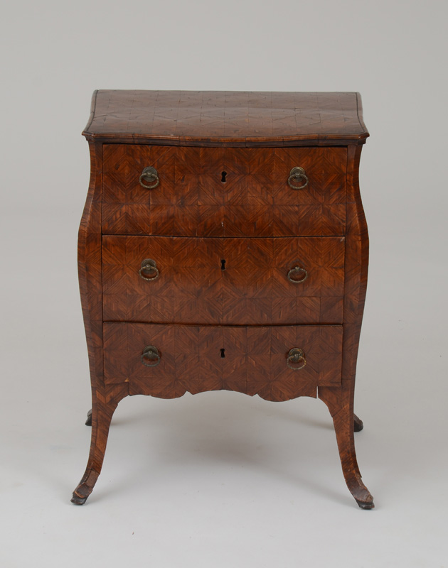 Appraisal: CONTINENTAL ROCOCO METAL-MOUNTED KINGWOOD PARQUETRY PETITE COMMODE PROBABLY ITALIAN The