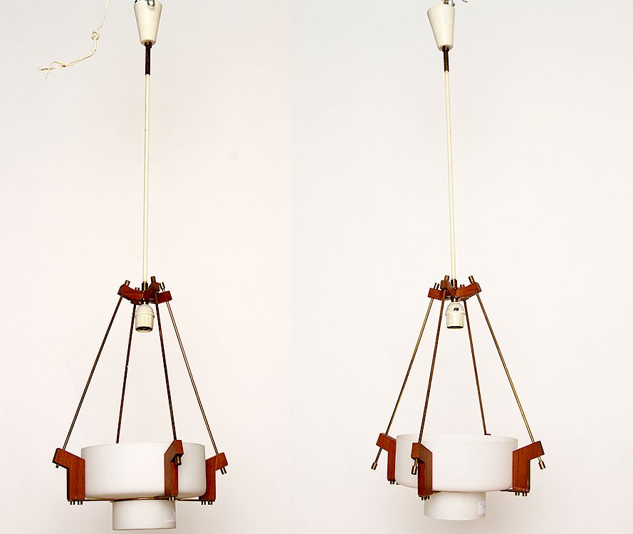 Appraisal: PAIR BRASS WOOD PENDANT LIGHTS FROSTED GLASS A pair of