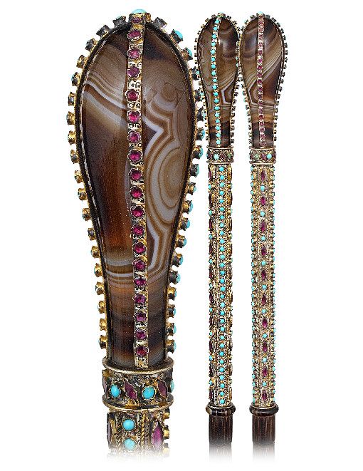 Appraisal: Silver Gilt Enameled and Jeweled Parade Cane Ca -Long silver