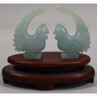 Appraisal: Pair of Chinese Jade Roosters on Stand Pair of Chinese