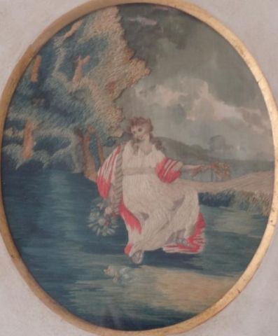 Appraisal: Pair of Antique Needleworks Silk on painted silk backgrounds Probably