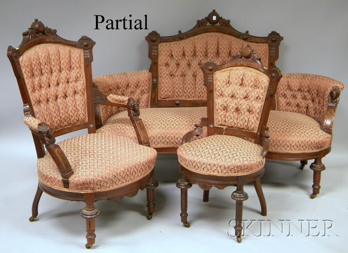 Appraisal: Seven-Piece Victorian Renaissance Revival Upholstered Carved Walnut Parlor Set including