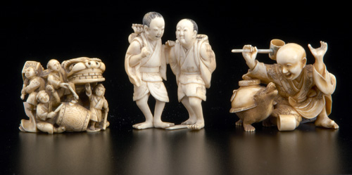 Appraisal: JAPANESE IVORY Three carved okimono one carved as a netsuke