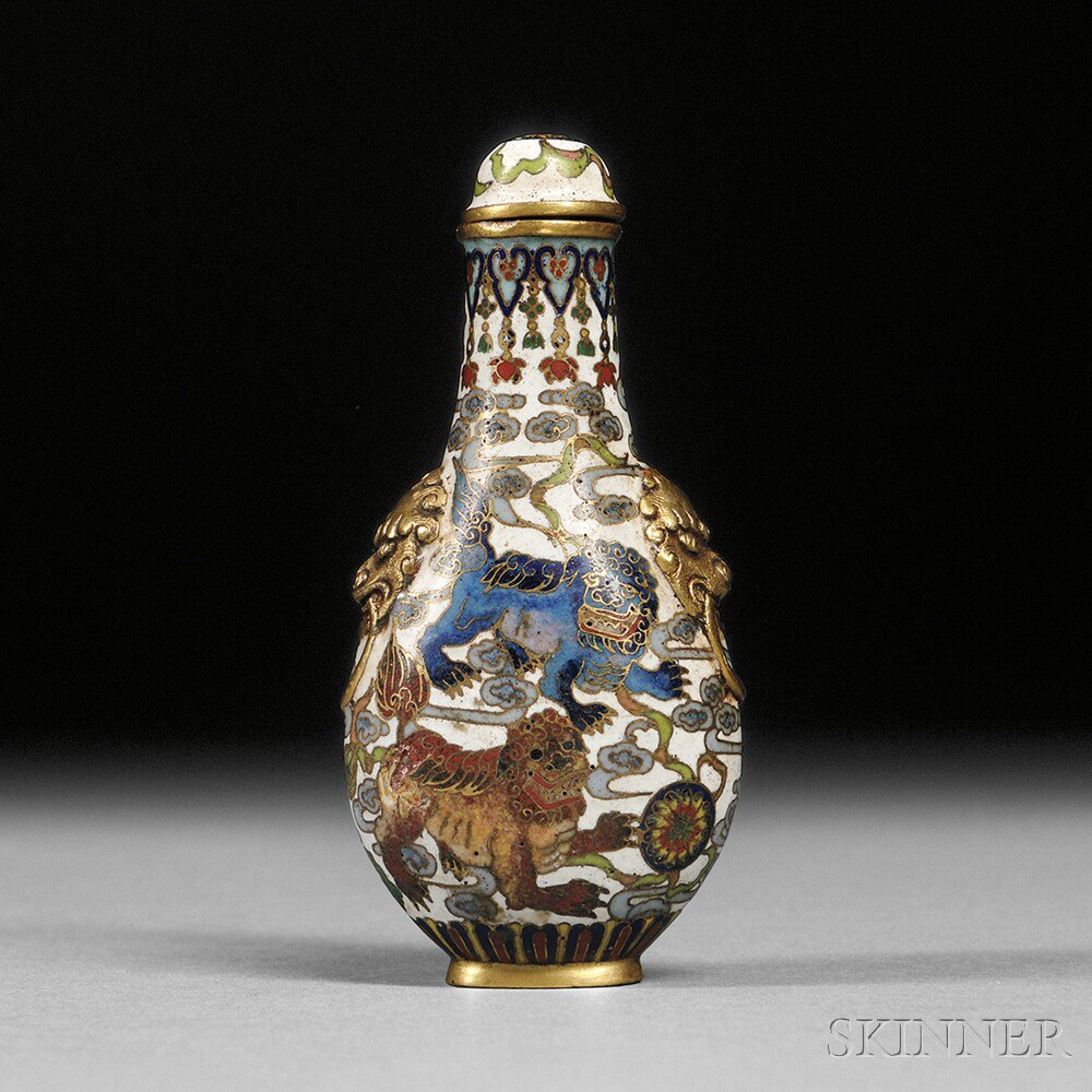 Appraisal: Cloisonne Snuff Bottle with Shishi Lions China Qing dynasty elongated