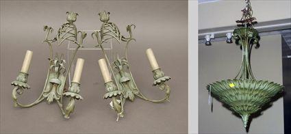 Appraisal: Pair of Green Tole Peinte Wall Lights with Chandelier en