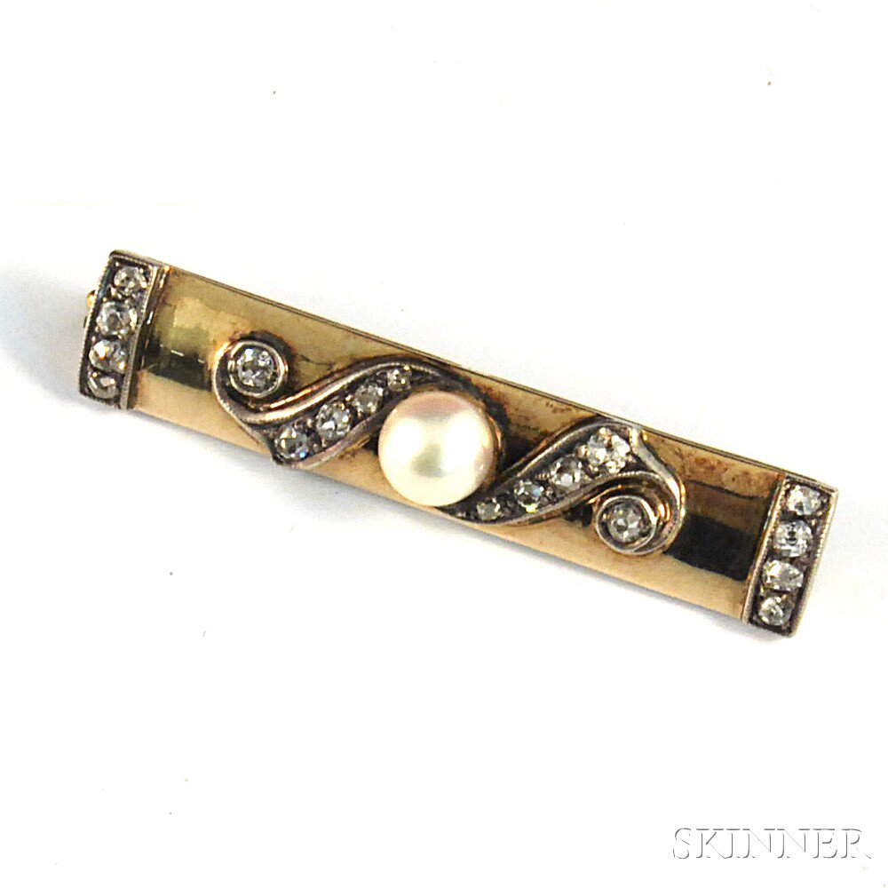 Appraisal: Antique Pearl and Diamond Bar Brooch centering a pearl measuring