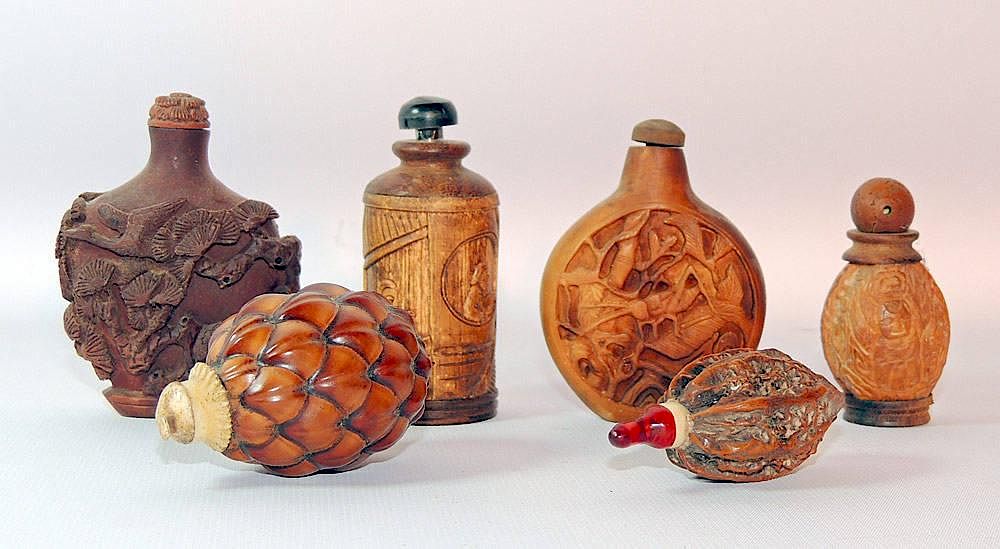 Appraisal: Assembled Grouping of Six Snuff Bottles Six snuff bottles including