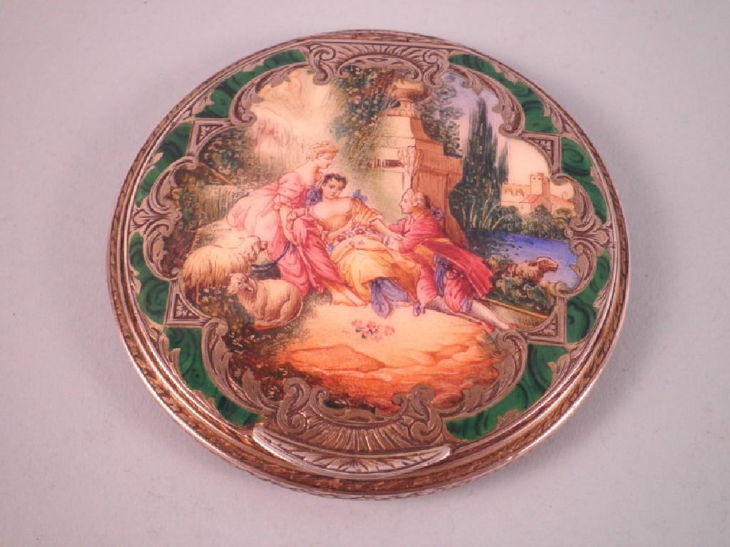 Appraisal: A continental silver and enamelled compact the hinged lid decorated