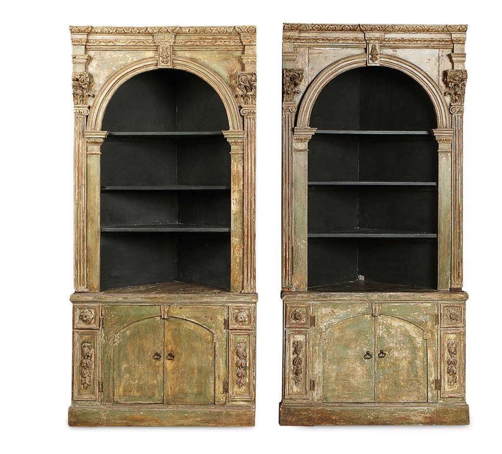 Appraisal: PAIR OF GEORGIAN STYLE GREEN PAINTED CORNER CUPBOARDS INCORPORATING TH