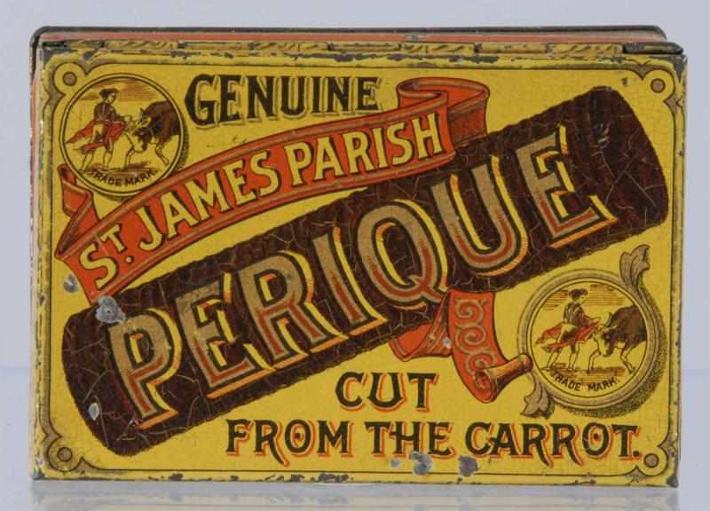 Appraisal: St James Parish Tobacco Tin Description Wonderful tin overall with