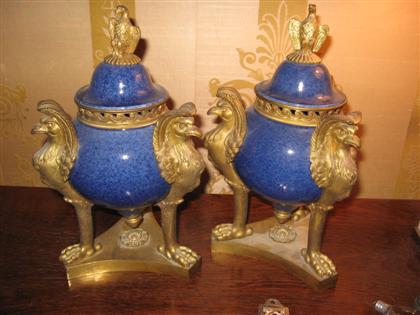 Appraisal: Pair of Sevres style powdered blue glaze and gilt bronze