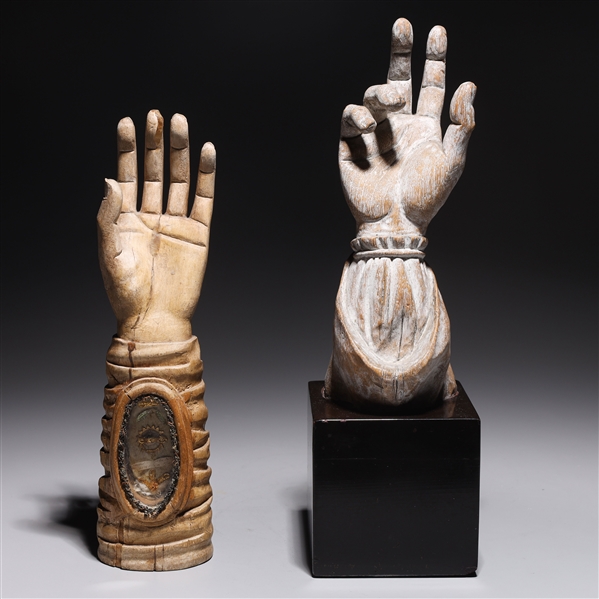 Appraisal: Two Spanish or Italian wood carvings of hands one a