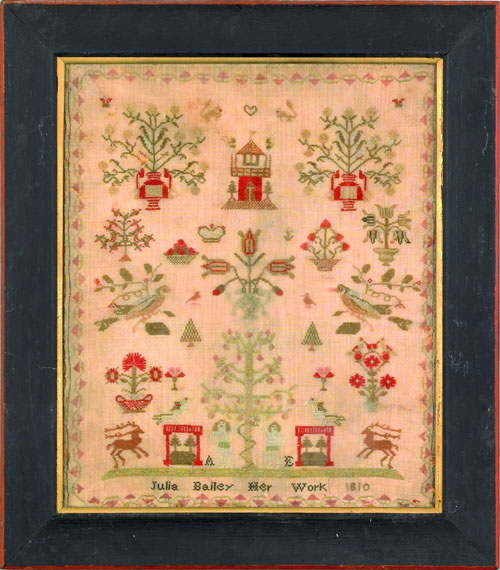 Appraisal: English silk on linen sampler dated wrought by Julia Bailey