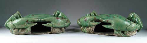 Appraisal: PAIR OF ORIENTAL CRAB FORM POTTERY WALL POCKETS Nicely formed