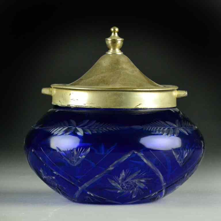 Appraisal: Cobalt Cut Glass Biscuit JarBulbous cobalt-over-clear cut glass jar with