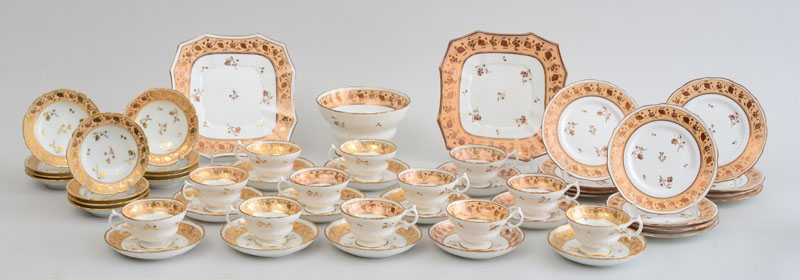 Appraisal: ENGLISH GILT AND PALE SALMON-DECORATED FIFTY-ONE-PIECE PART-TEA SERVICE Comprising twelve