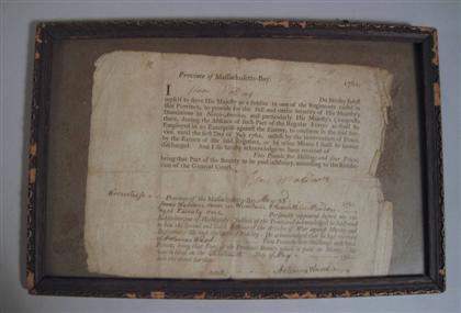 Appraisal: piece Document Signed Ward Artemas Province of Massachusetts Bay May