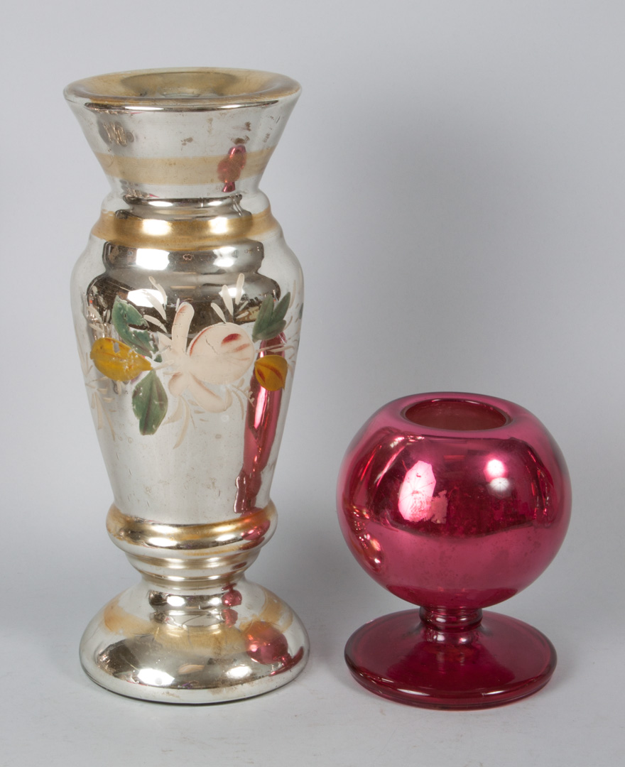 Appraisal: Two mercury glass vases silver vase with painted fruit and