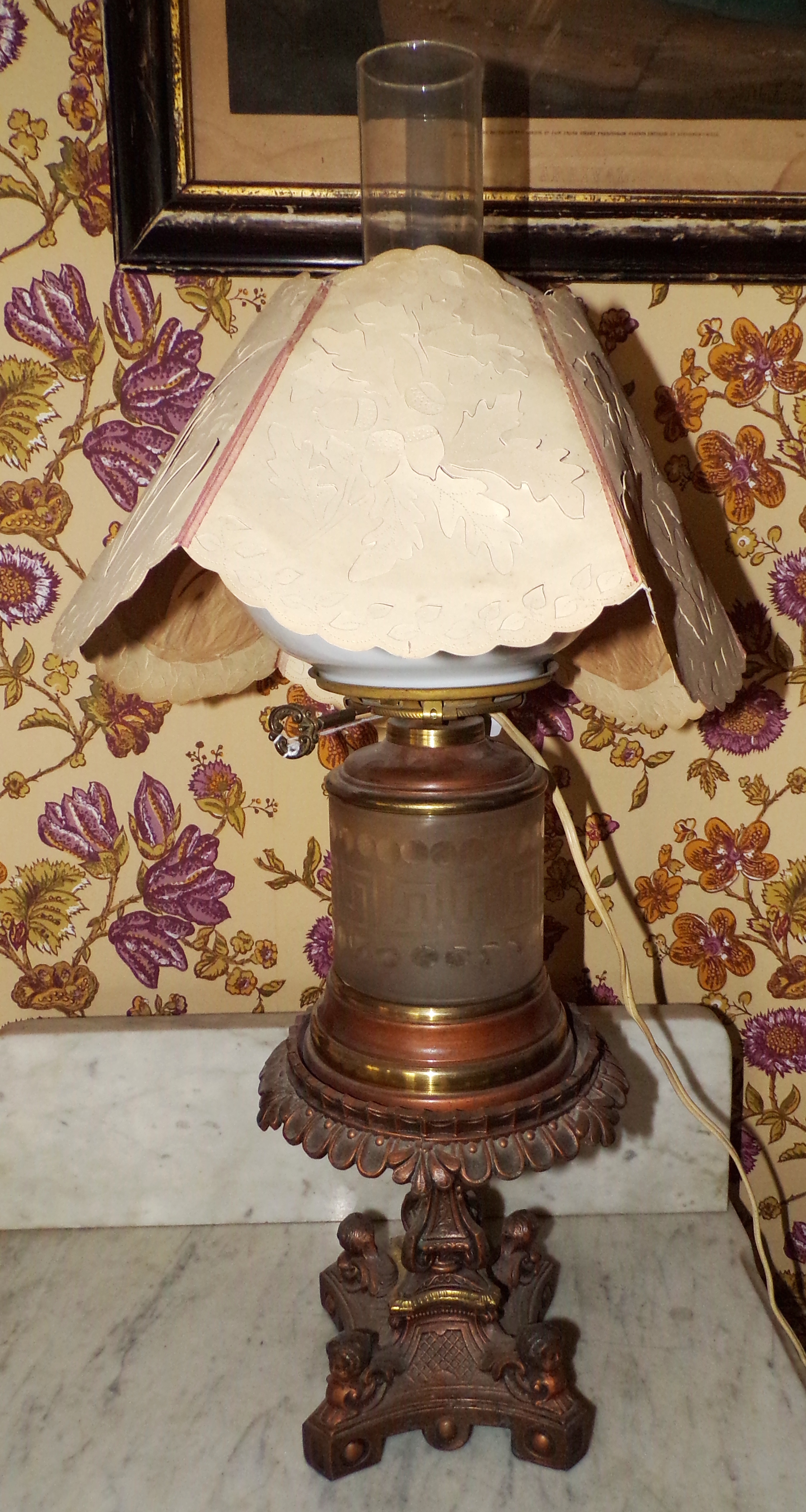 Appraisal: Oil lamp metal stand with frosted etched glass reservoir decorated