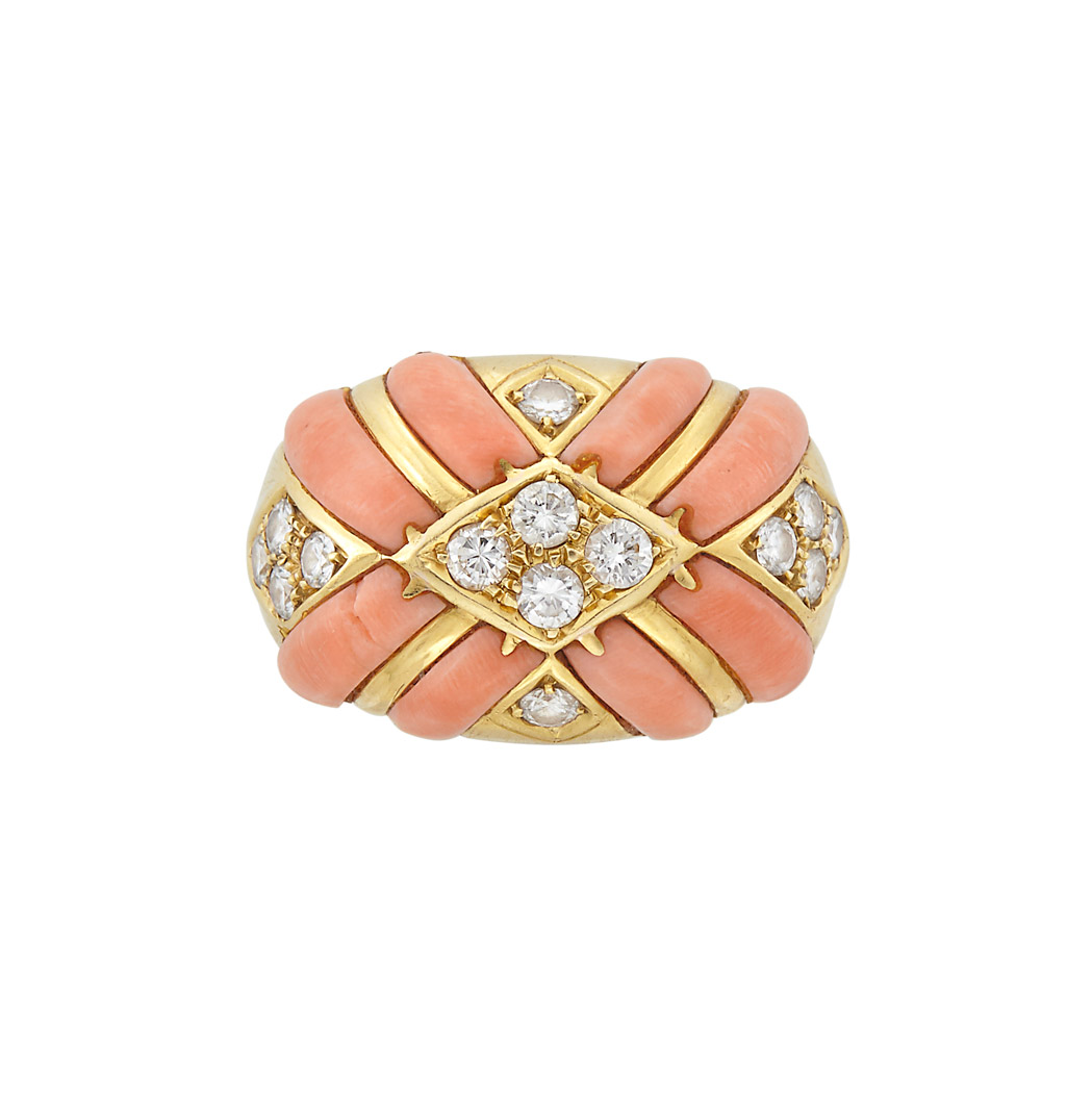 Appraisal: Gold Coral and Diamond Ring kt round diamonds ap ct