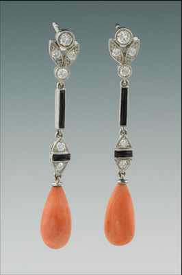 Appraisal: A Pair of Platinum Coral Black Onyx and Diamond Earrings